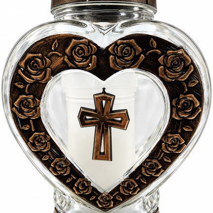 Znicz szklany serce ok. 28 cm – zbliżenie brązowej ramki z różami i krzyżem